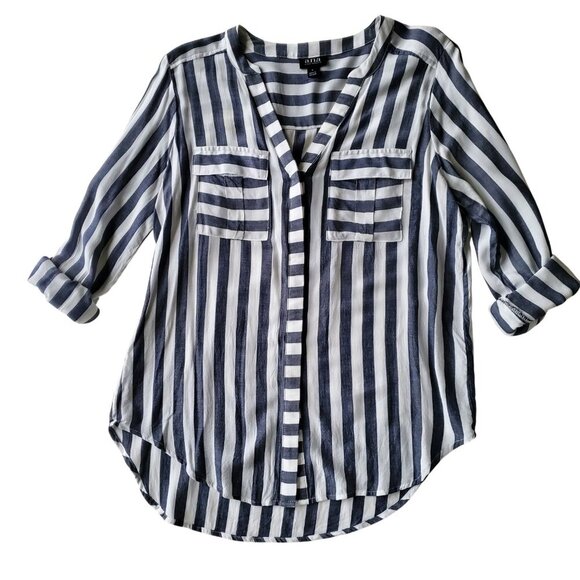 a.n.a  Gray & White Lightweight Long /Roll Tab Sleeve Striped Long line Shirt S - Picture 8 of 16